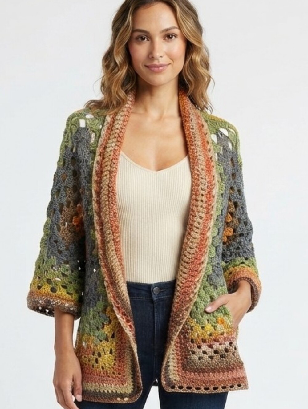 OOAK Hexagon Granny Cardigan Crochet Sweater Fall Multicolor Wearable Knit Art